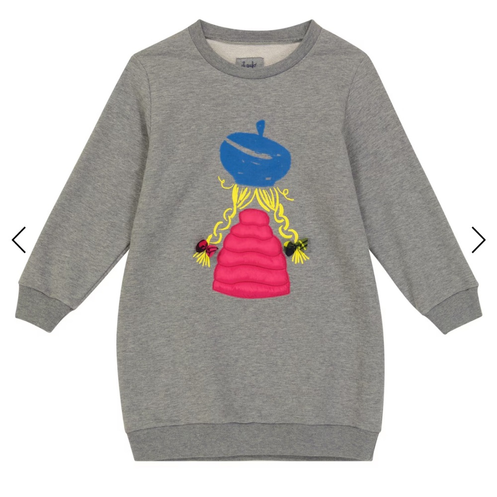 Il Gufo Grey Long-Sleeve Embroidered Dress with Pink & Blue Motif